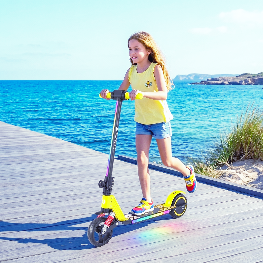 Jeune fille souriante sur une trottinette jaune près de la mer, sur un ponton en bois.