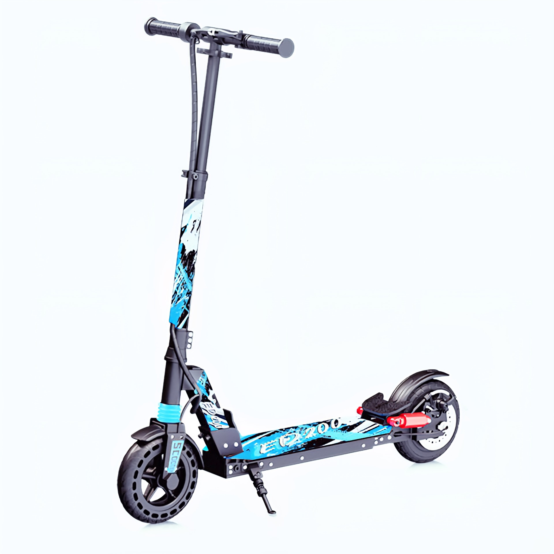 Trottinette électrique noire et bleue avec guidon pliable, roues larges et éclairage rouge arrière sur fond blanc.