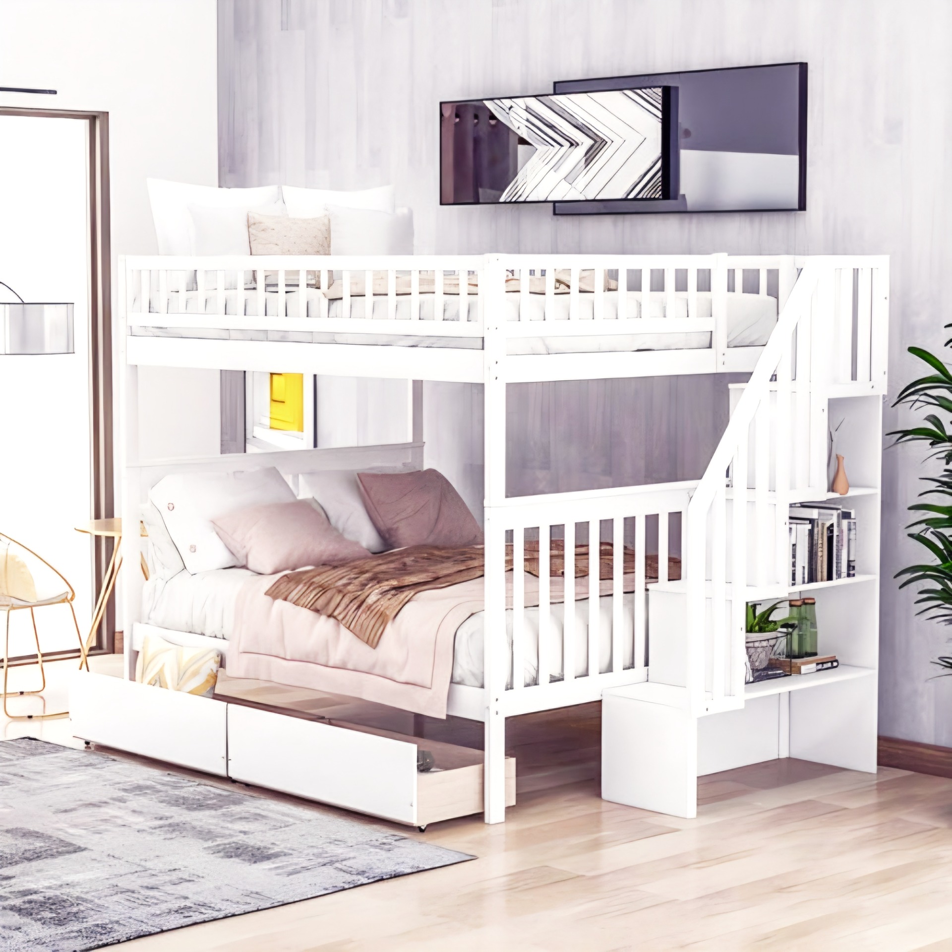 Maximize space with the LuneluX Full-Over-Full Bunk Bed. Modern matte white finish, 2 storage drawers, safety guardrails & convertible design. No box spring needed.