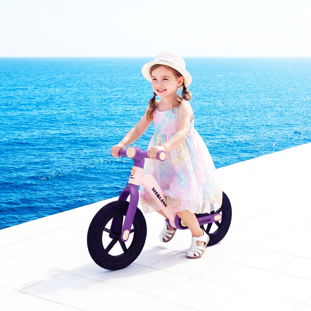 Foldable, pedal-free balance bike for toddlers aged 2–4. Lightweight nylon frame, 3 colours. Available in 12" & 14". Builds balance & confidence.